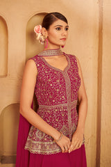 Deep Rose Embroidered Ethnic Set – Elegant Festive Ensemble for Weddings & Celebrations