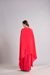Radiant Red Draped Saree with Embroidered Crop Top & Cape Jacket – Designer Wedding & Festive Outfit