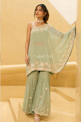 Sage Green One-Shoulder Handcrafted Sharara Set | Label S4U