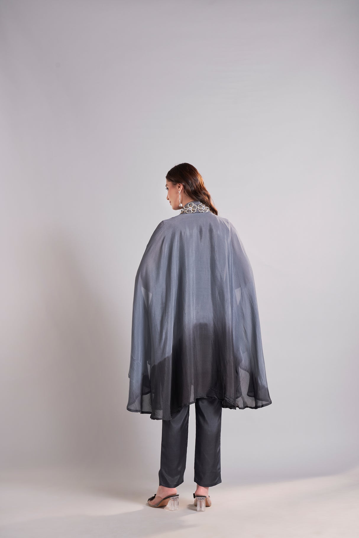 Slate Grey Embroidered Cape with Straight Pants Ensemble – Contemporary Festive & Evening Wear