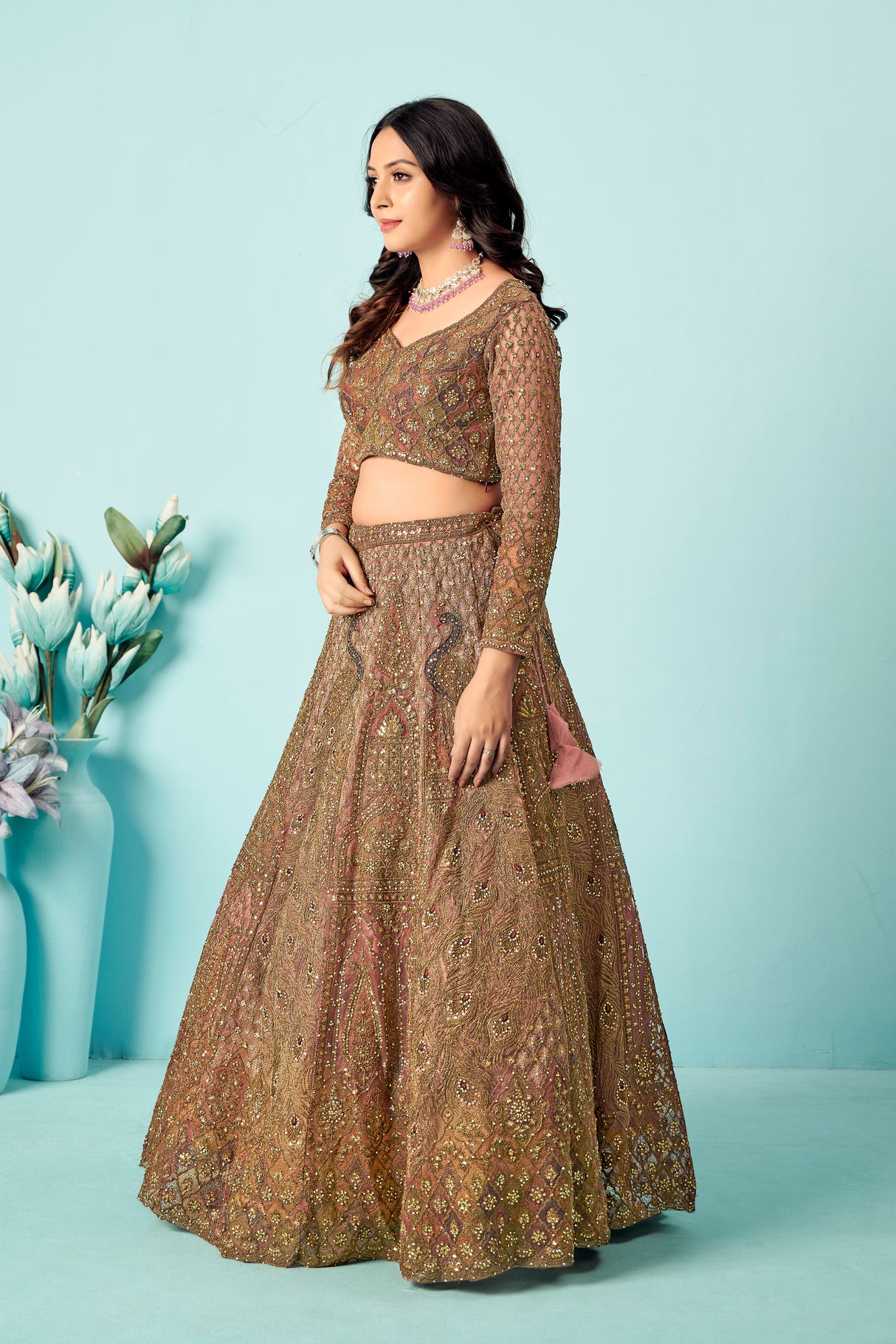 Antique Mauve Embroidered Lehenga Choli – Vintage Bridal Couture