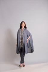 Slate Grey Embroidered Cape with Straight Pants Ensemble – Contemporary Festive & Evening Wear