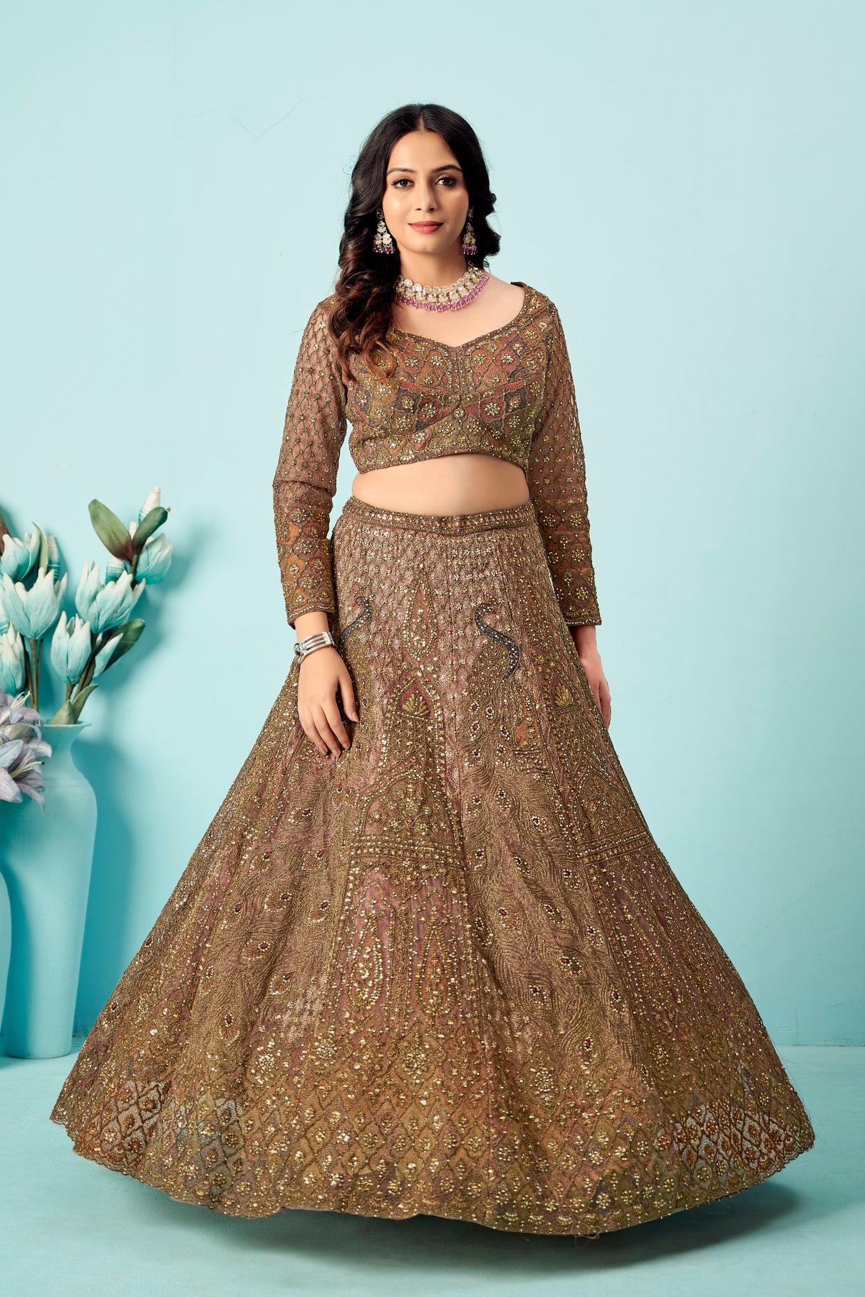 Antique Mauve Embroidered Lehenga Choli – Vintage Bridal Couture