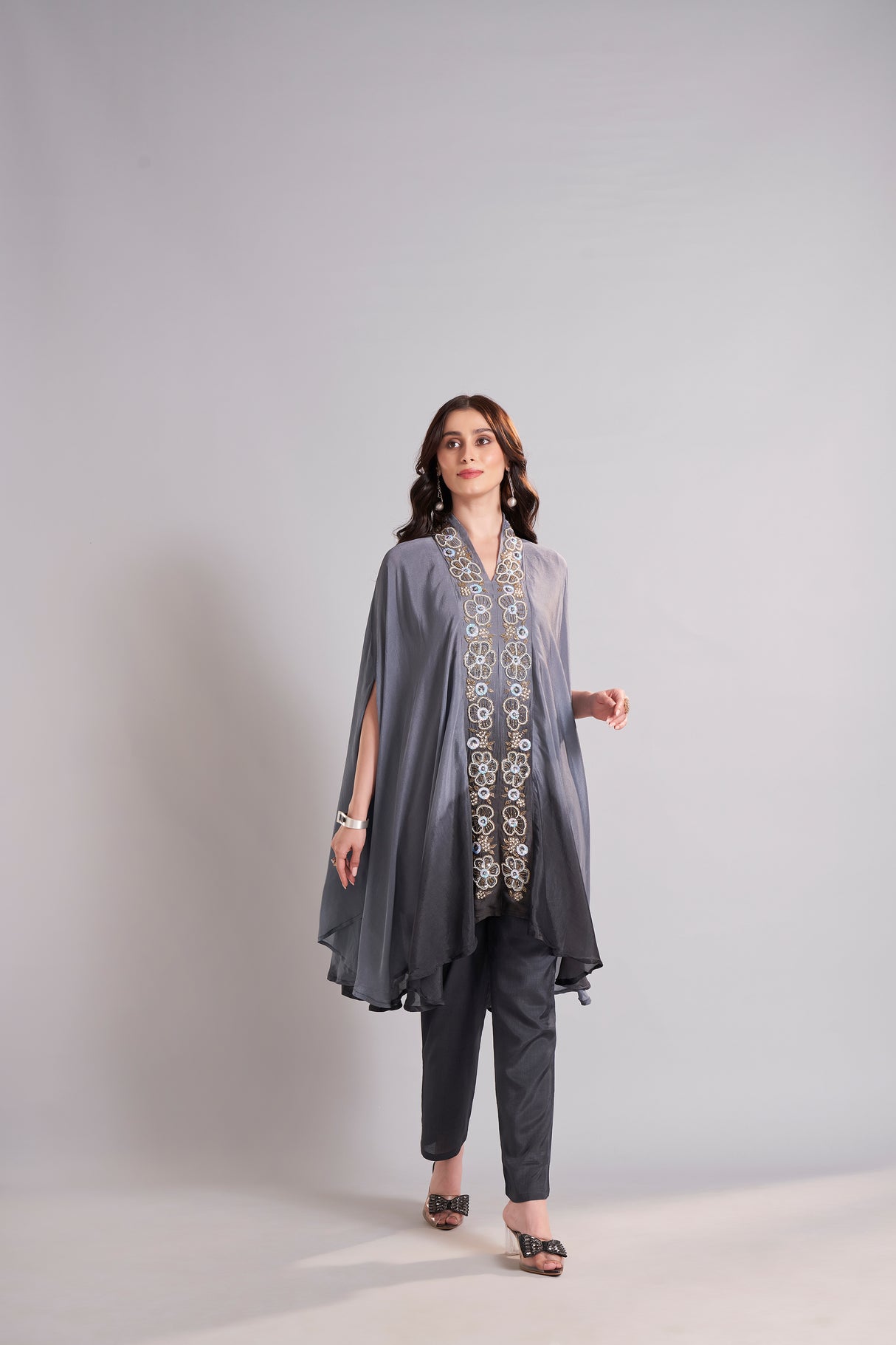 Slate Grey Embroidered Cape with Straight Pants Ensemble – Contemporary Festive & Evening Wear