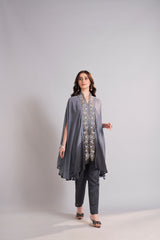 Slate Grey Embroidered Cape with Straight Pants Ensemble – Contemporary Festive & Evening Wear