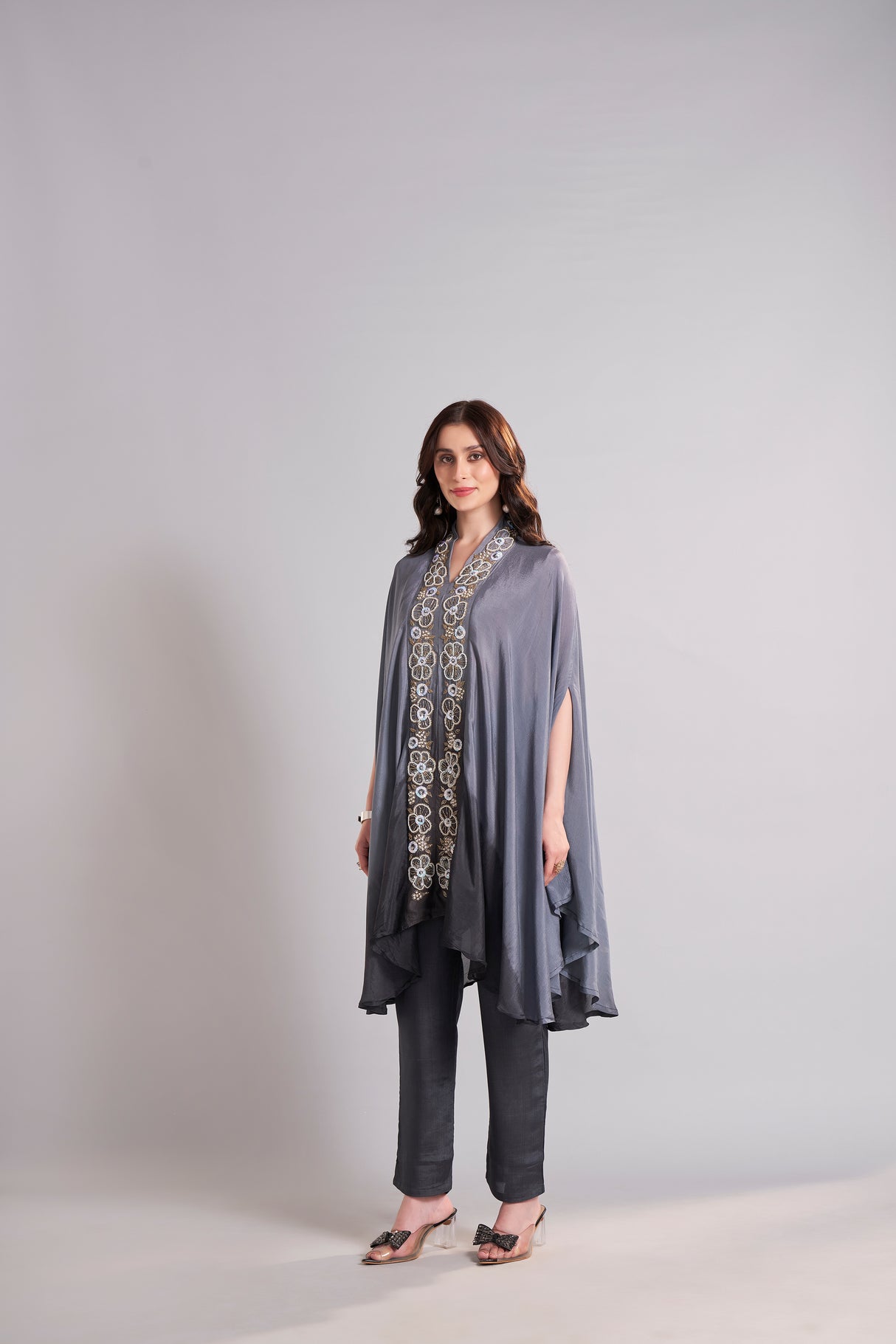 Slate Grey Embroidered Cape with Straight Pants Ensemble – Contemporary Festive & Evening Wear