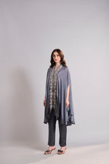 Slate Grey Embroidered Cape with Straight Pants Ensemble – Contemporary Festive & Evening Wear