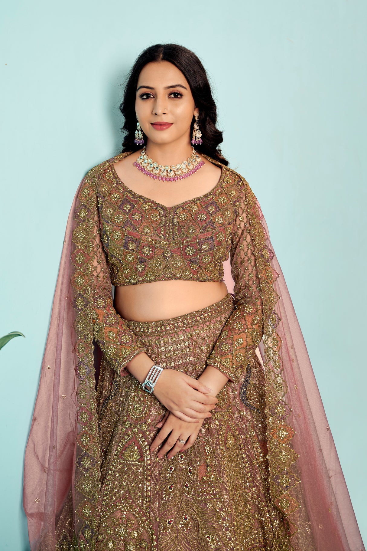 Antique Mauve Embroidered Lehenga Choli – Vintage Bridal Couture