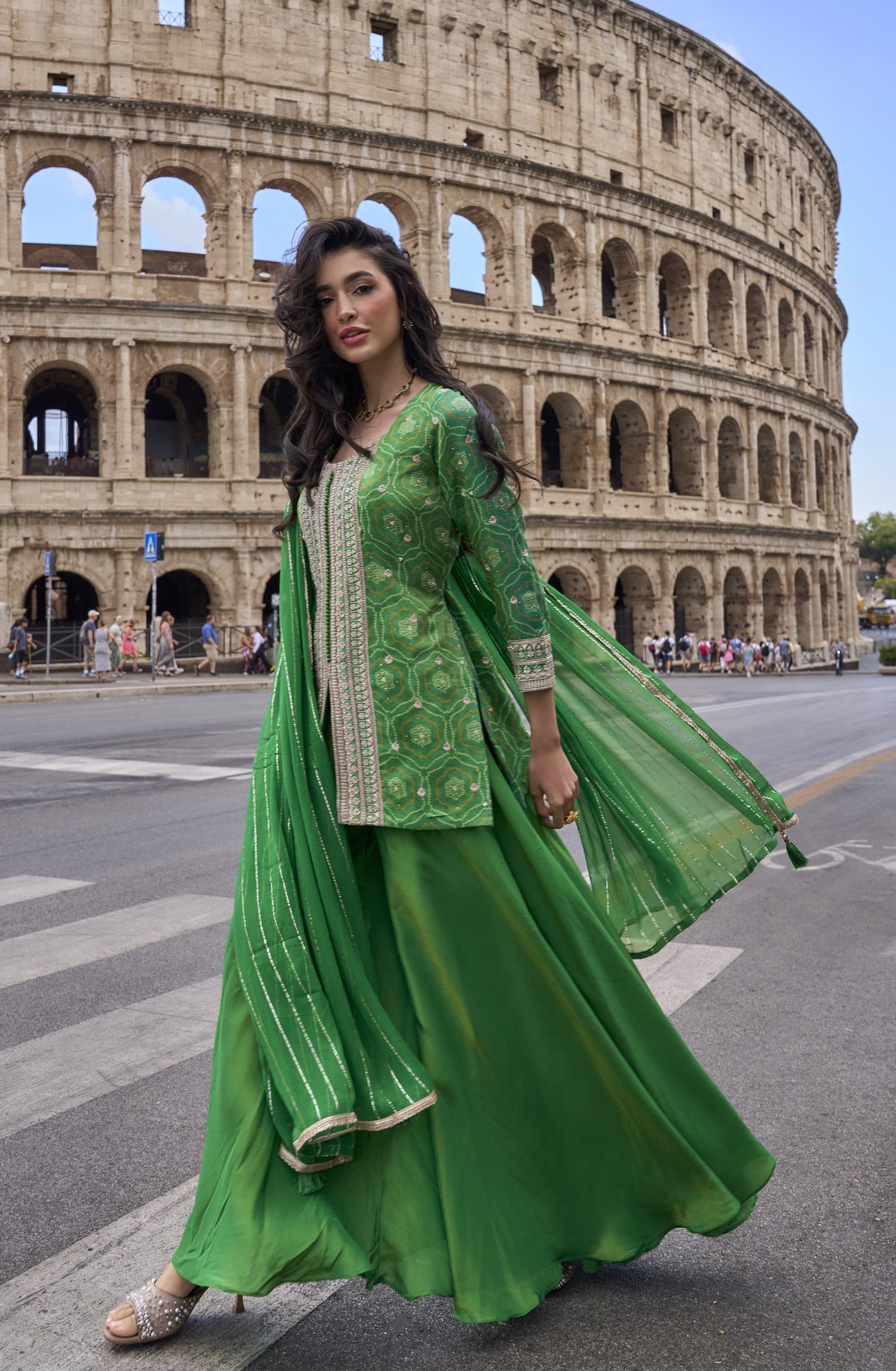 Emerald Gold Bandhani Sharara Couture Ensemble