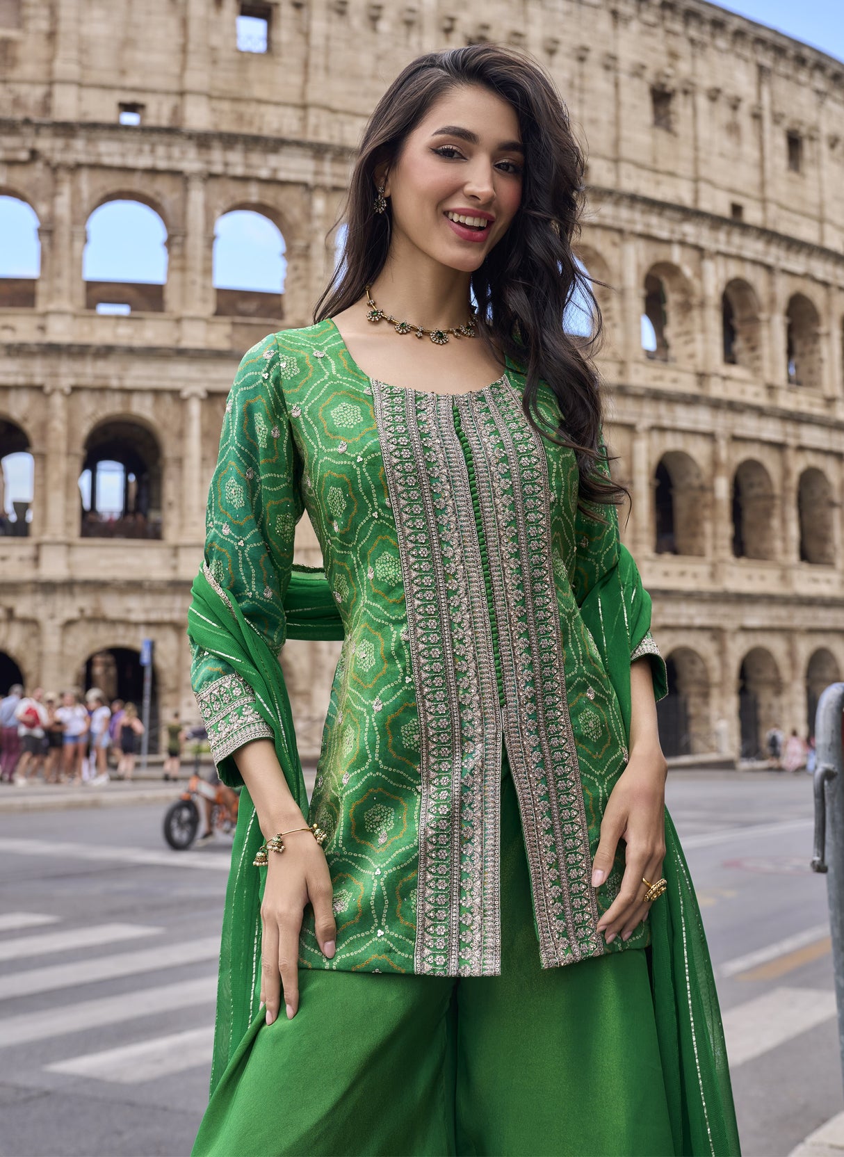 Emerald Gold Bandhani Sharara Couture Ensemble