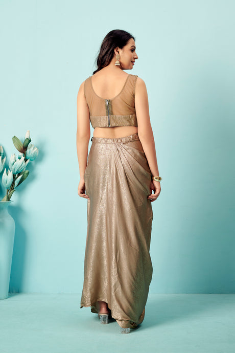 Champagne Gold Saree Gown with Embellished Bustier & Organza Cape – Indo-Western Glam