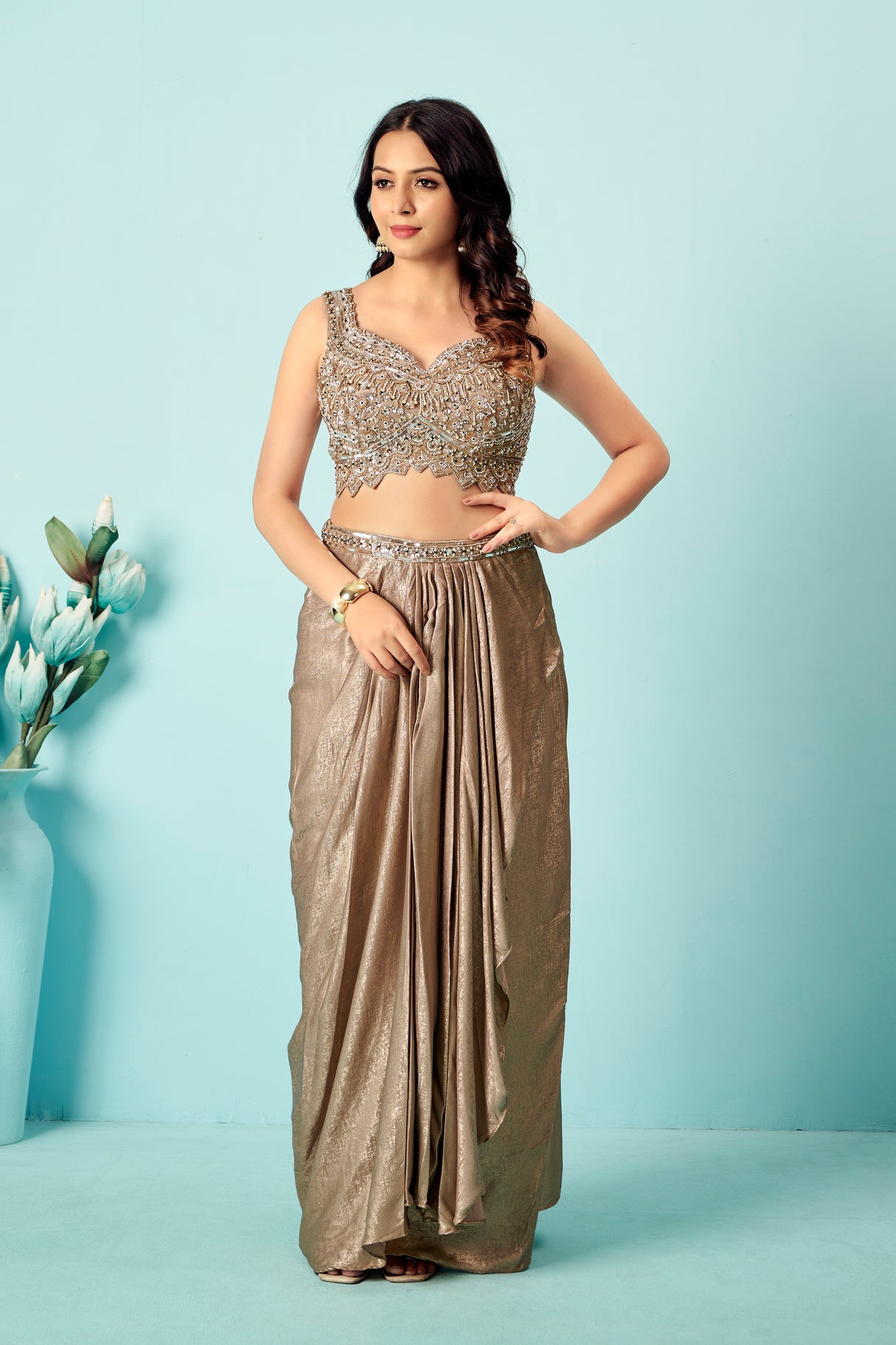 Champagne Gold Saree Gown with Embellished Bustier & Organza Cape – Indo-Western Glam