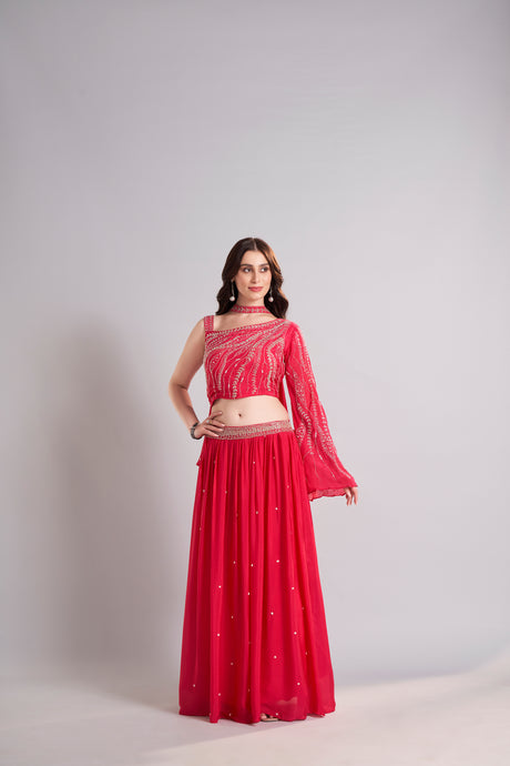 Crimson Red One-Shoulder Embellished Crop Top with Flowing Skirt – Glamorous Sangeet & Cocktail Outfit