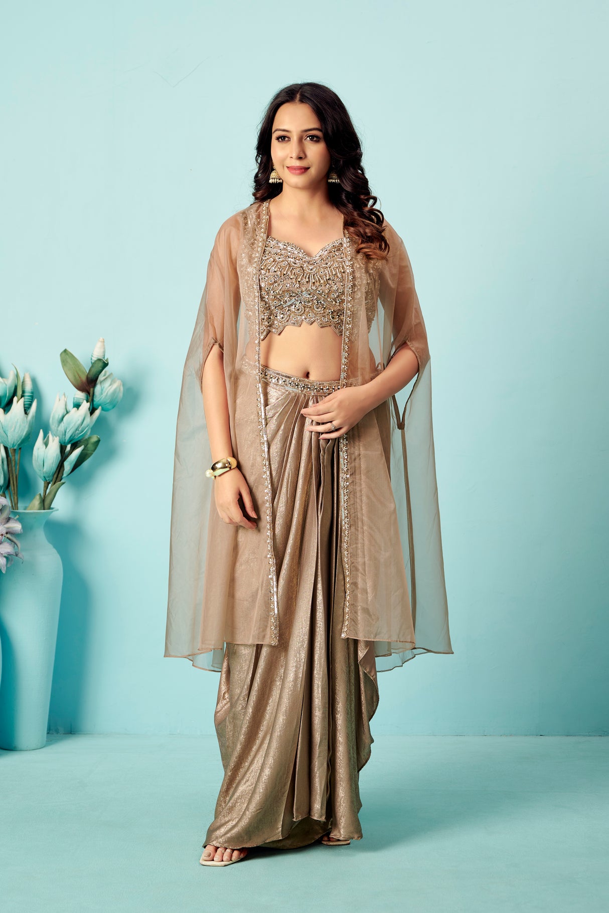 Champagne Gold Saree Gown with Embellished Bustier & Organza Cape – Indo-Western Glam