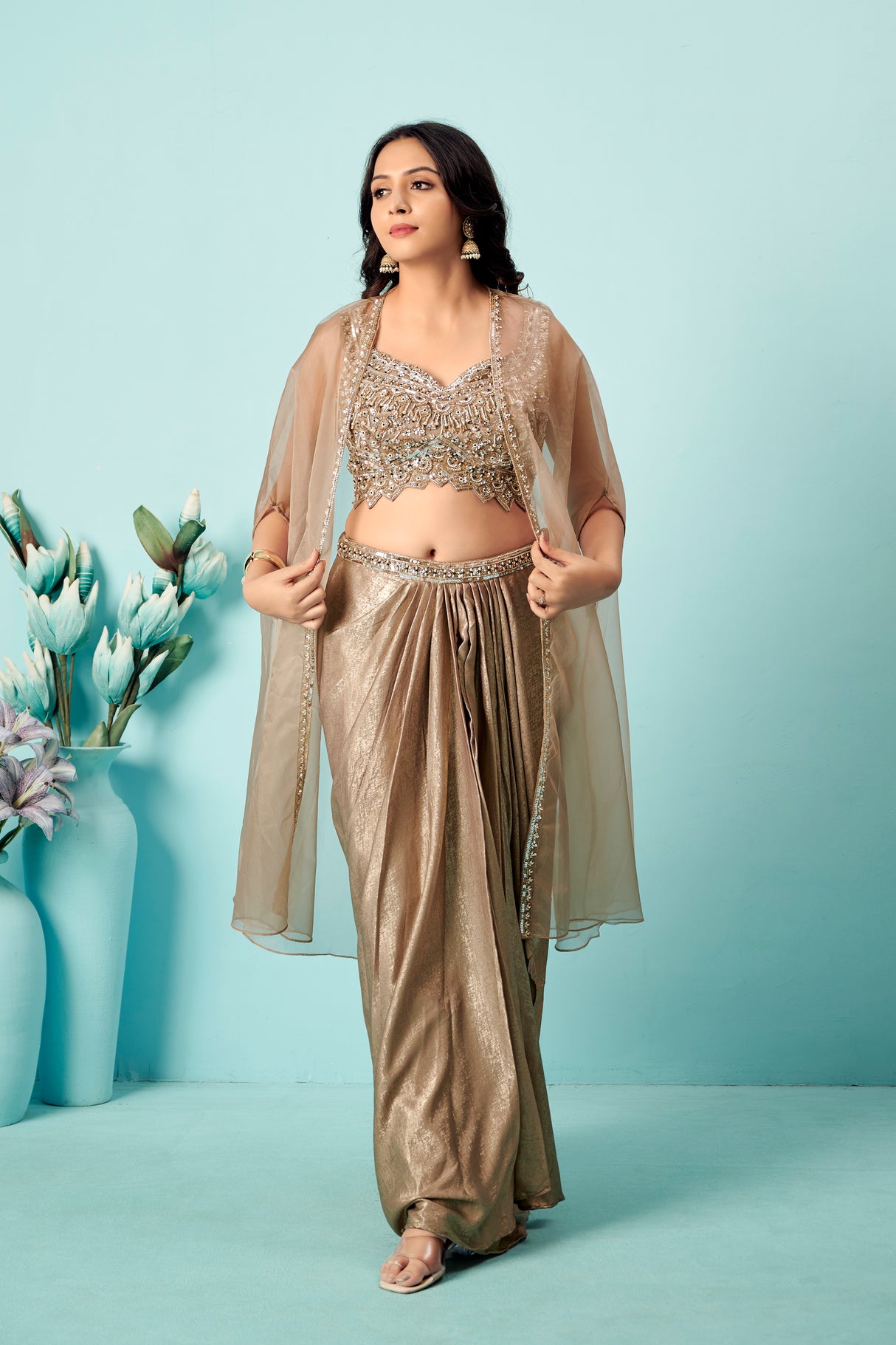 Champagne Gold Saree Gown with Embellished Bustier & Organza Cape – Indo-Western Glam