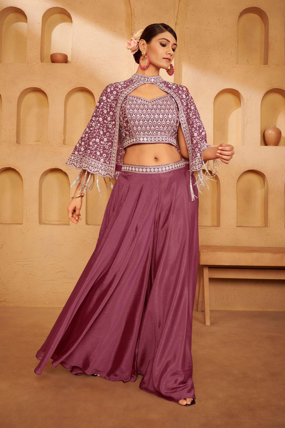 Plum Mauve Embroidered Ethnic Set – Contemporary Elegance with Traditional Detailing