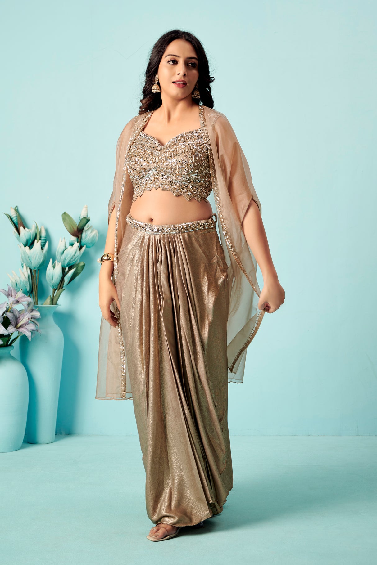 Champagne Gold Saree Gown with Embellished Bustier & Organza Cape – Indo-Western Glam