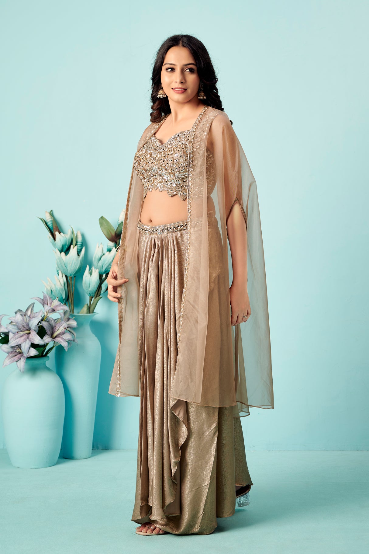 Champagne Gold Saree Gown with Embellished Bustier & Organza Cape – Indo-Western Glam