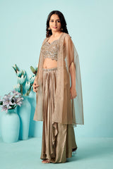 Champagne Gold Saree Gown with Embellished Bustier & Organza Cape – Indo-Western Glam