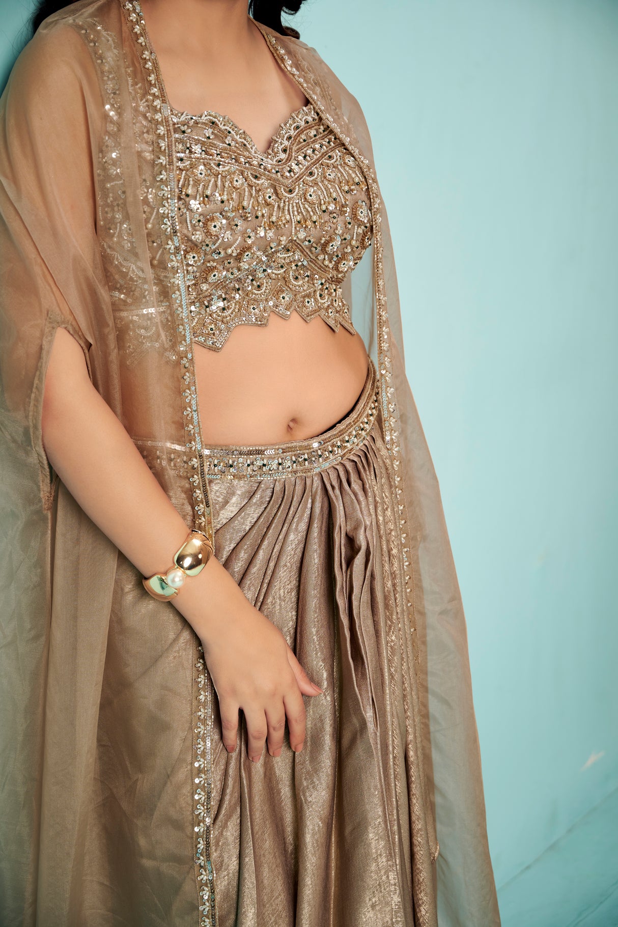 Champagne Gold Saree Gown with Embellished Bustier & Organza Cape – Indo-Western Glam