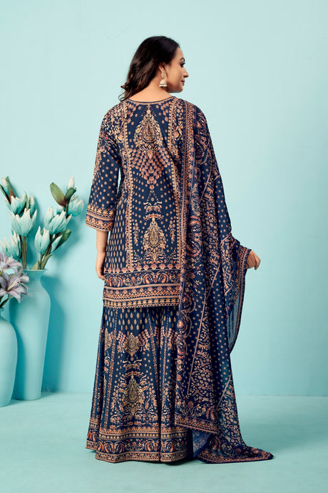 Navy Blue Mughal Print Kurta Set with Flared Palazzo & Dupatta – Festive Ethnic