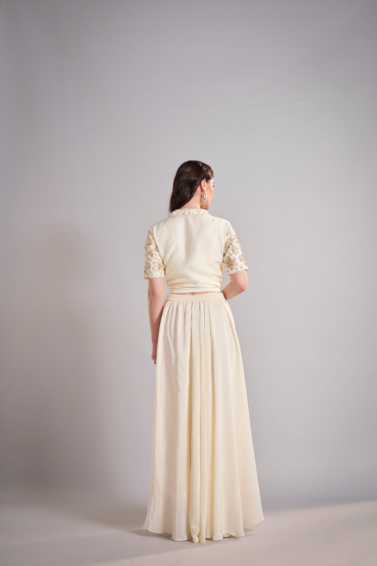 Ivory Draped Skirt with Embroidered Cropped Jacket Set – Contemporary Bridal Reception Outfit