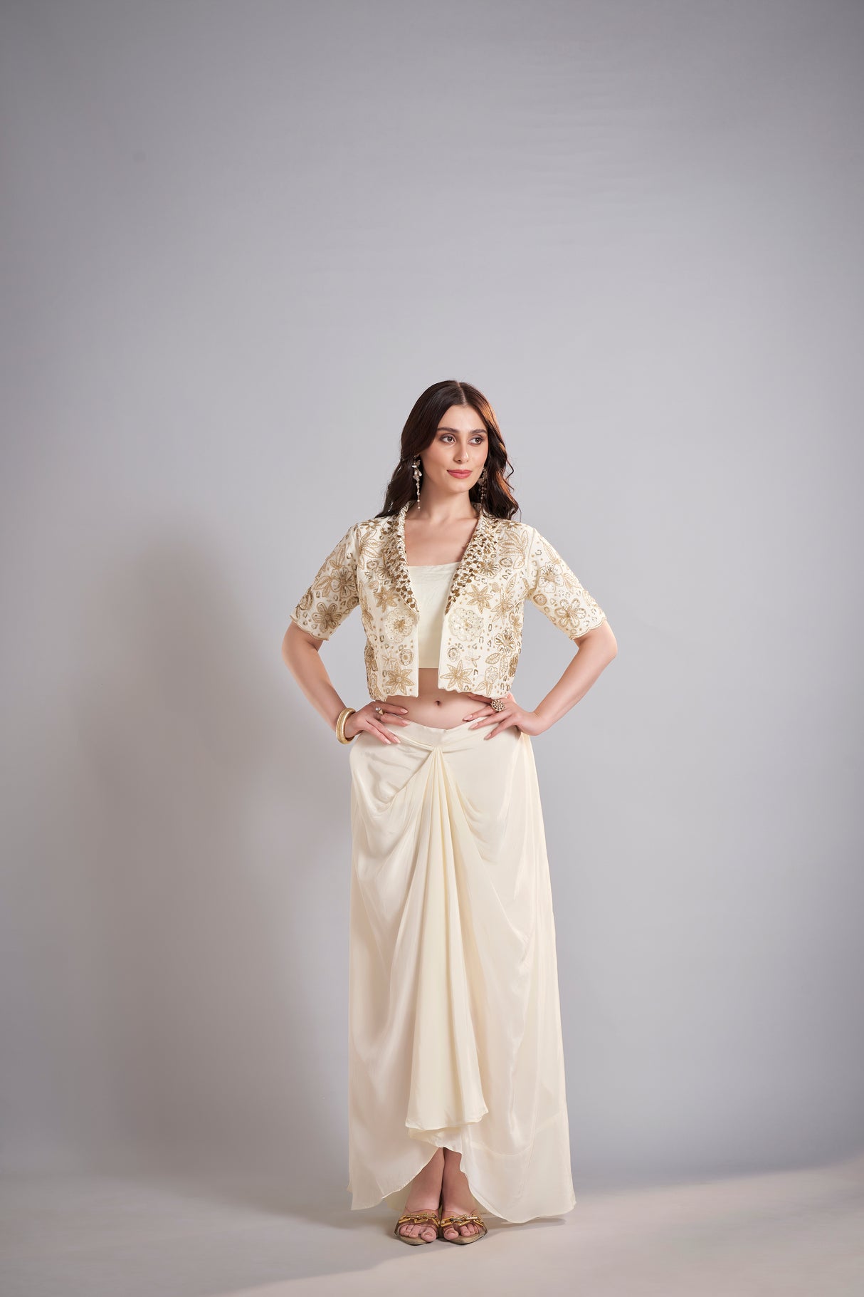 Ivory Draped Skirt with Embroidered Cropped Jacket Set – Contemporary Bridal Reception Outfit