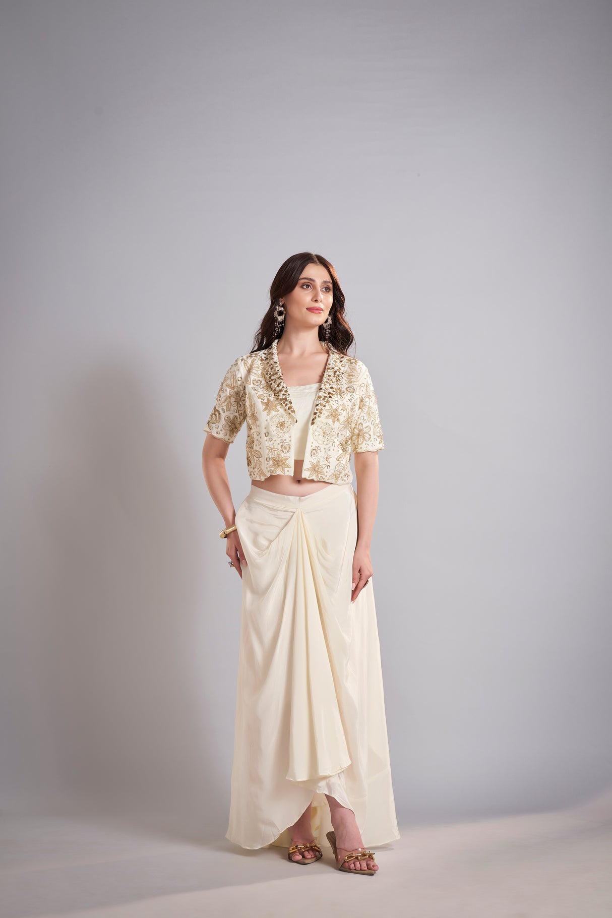 Ivory Draped Skirt with Embroidered Cropped Jacket Set – Contemporary Bridal Reception Outfit