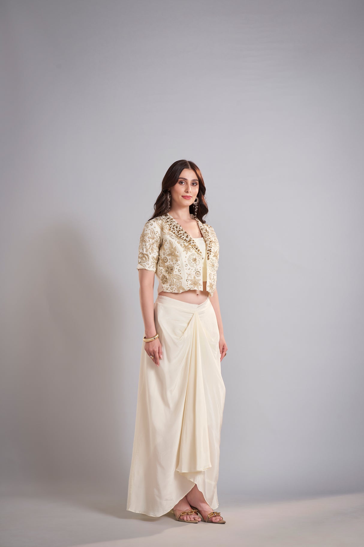 Ivory Draped Skirt with Embroidered Cropped Jacket Set – Contemporary Bridal Reception Outfit