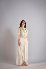 Ivory Draped Skirt with Embroidered Cropped Jacket Set – Contemporary Bridal Reception Outfit