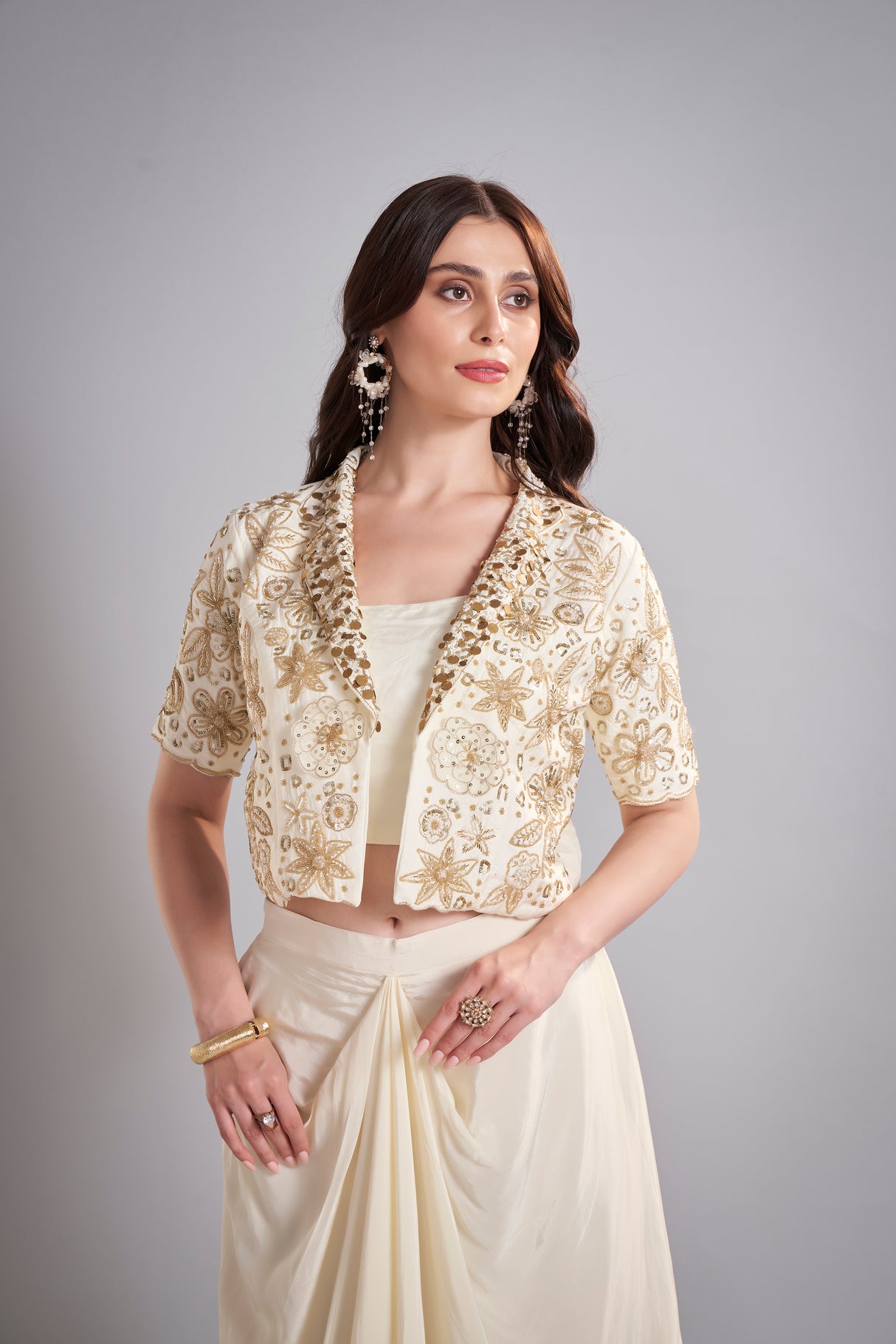 Ivory Draped Skirt with Embroidered Cropped Jacket Set – Contemporary Bridal Reception Outfit