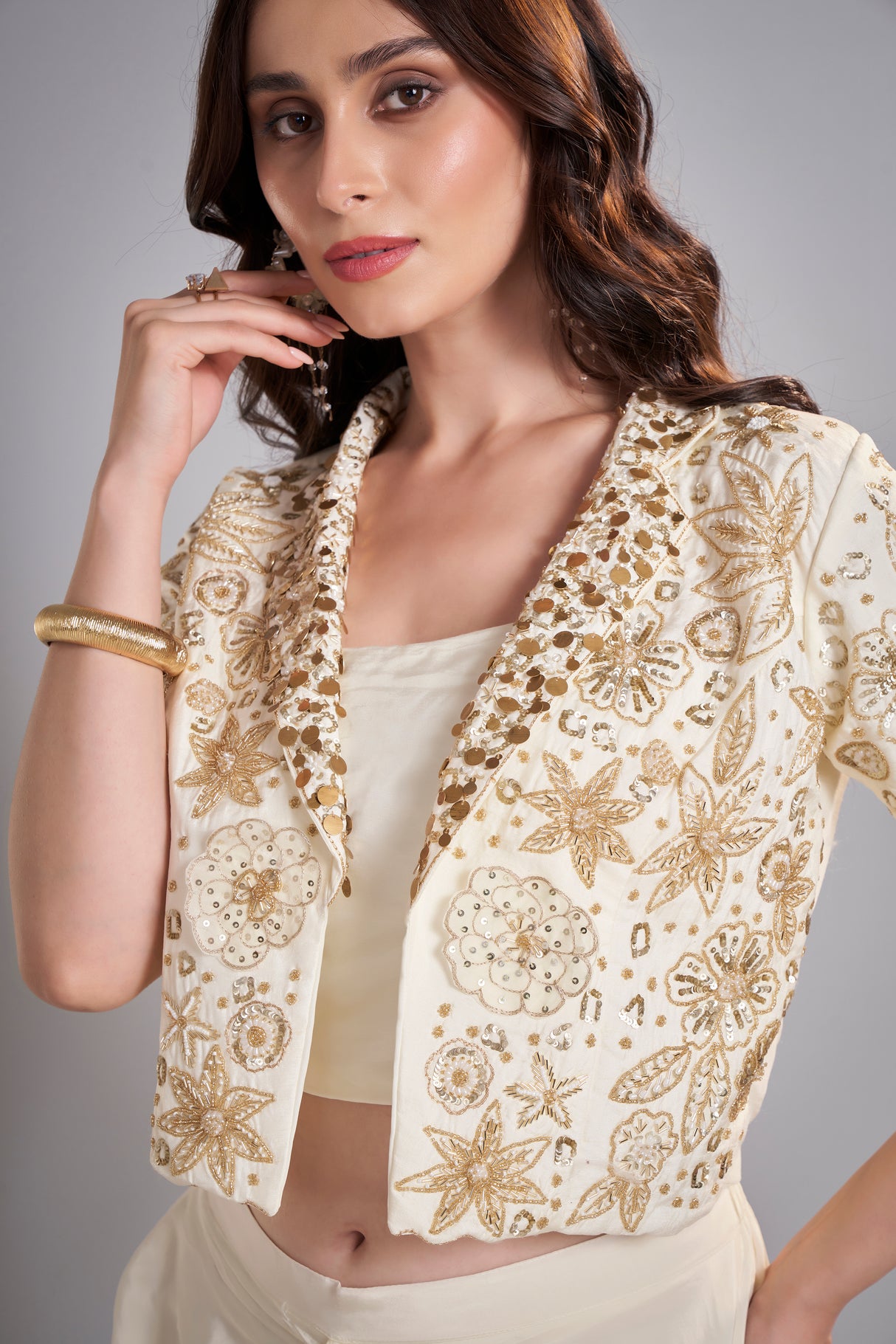 Ivory Draped Skirt with Embroidered Cropped Jacket Set – Contemporary Bridal Reception Outfit