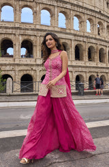 Rani Pink Bandhani Gold Sharara Couture Ensemble