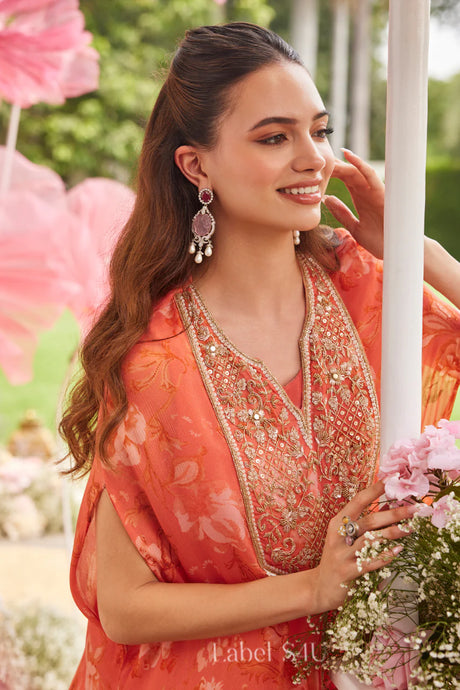 Coral Orange Printed Kaftan with Sharara Pants | Label S4U