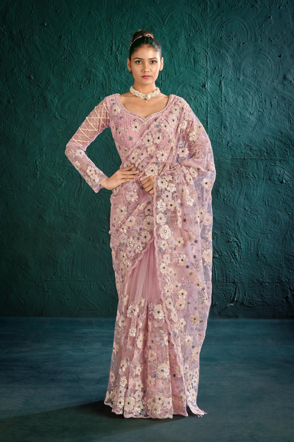 Ethereal Blossom Embroidered Saree in Soft Lilac | Luxury Indian Saree for Weddings & Special Occasions