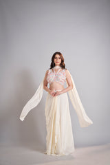 Ivory Draped Skirt with Pastel Embellished Crop Top & Flowing Drapes – Modern Wedding Reception Outfit