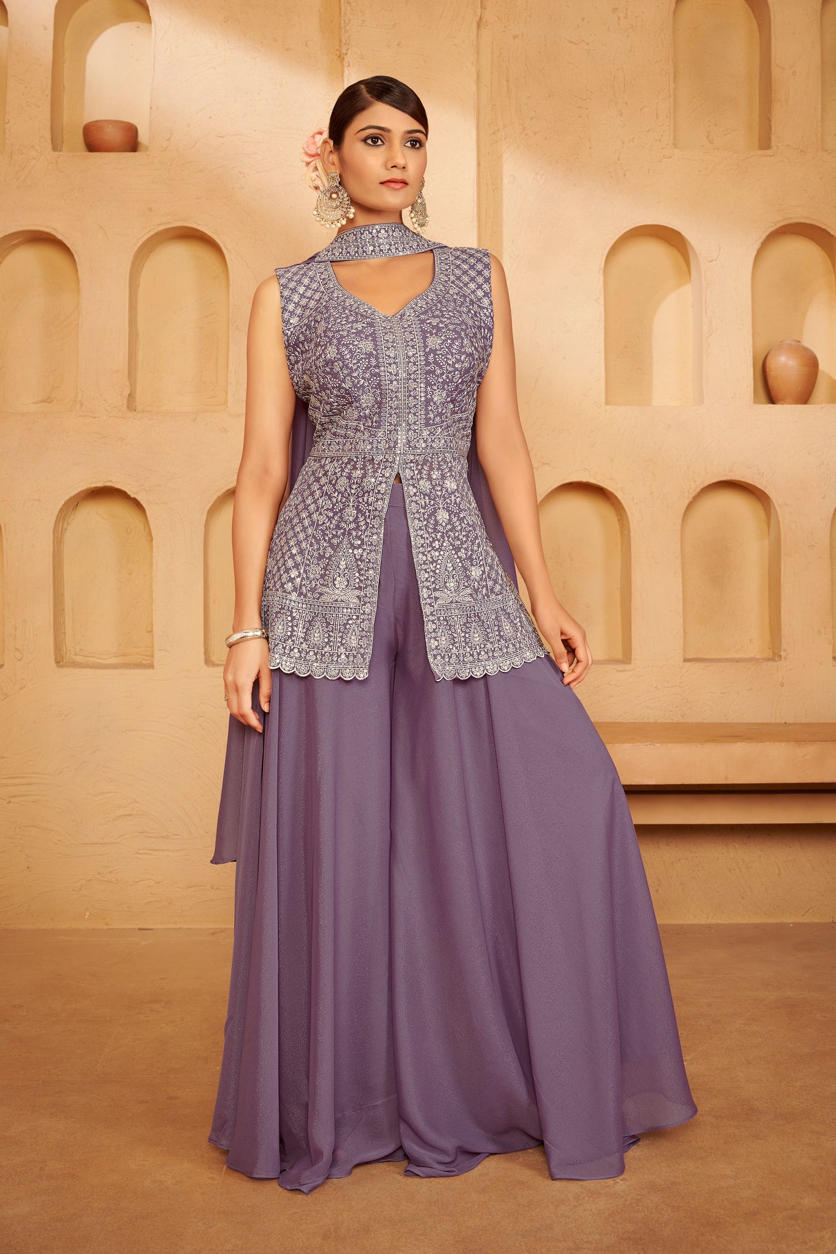 Dusty Lilac Embroidered Ethnic Set – Soft Sophistication with Modern Grace