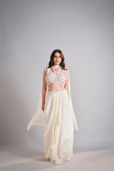 Ivory Draped Skirt with Pastel Embellished Crop Top & Flowing Drapes – Modern Wedding Reception Outfit