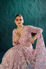 Ethereal Blossom Embroidered Saree in Soft Lilac | Luxury Indian Saree for Weddings & Special Occasions