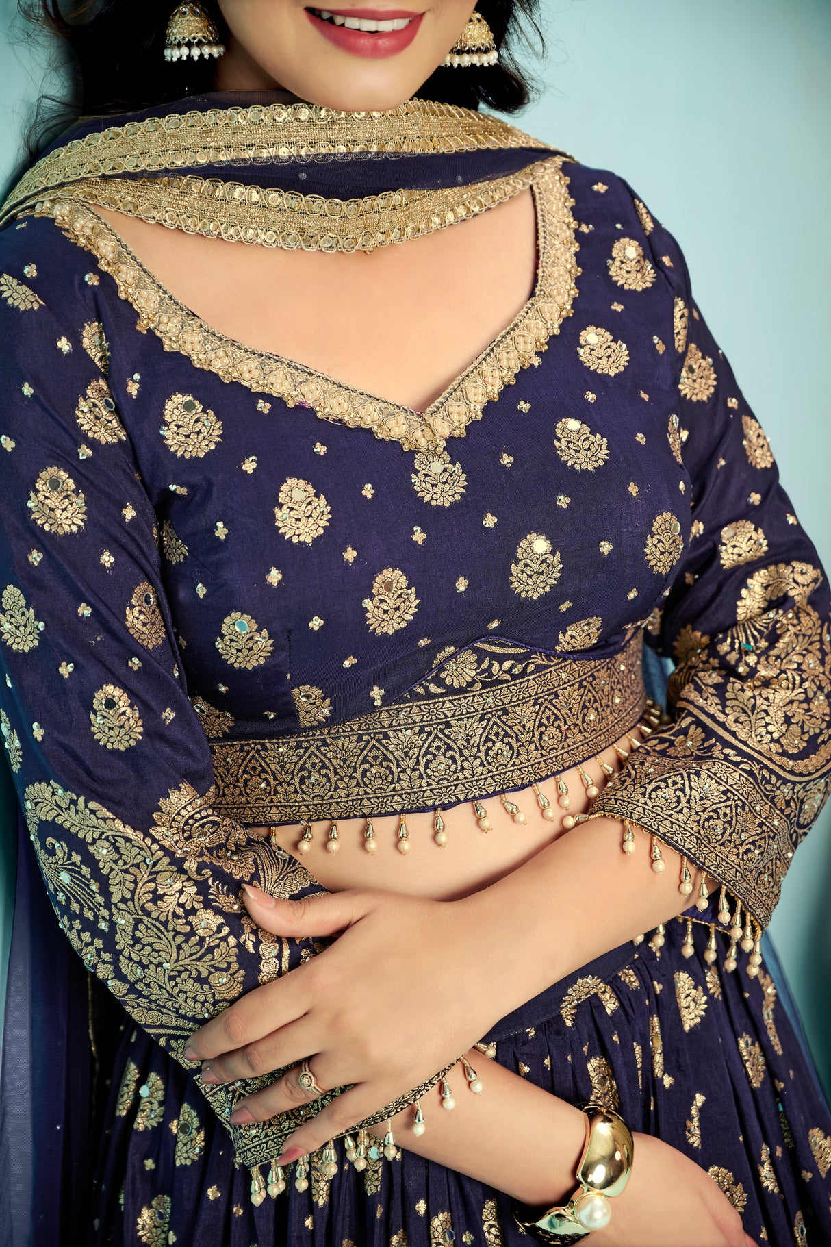Navy Blue Foil Print Lehenga Set with Dupatta