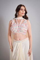 Ivory Draped Skirt with Pastel Embellished Crop Top & Flowing Drapes – Modern Wedding Reception Outfit