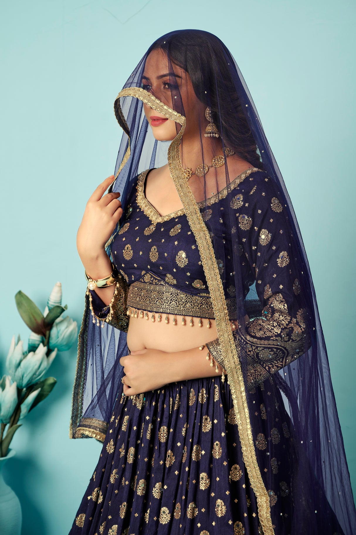 Navy Blue Foil Print Lehenga Set with Dupatta