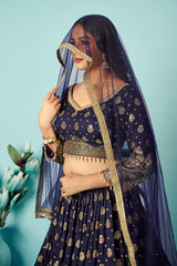 Navy Blue Foil Print Lehenga Set with Dupatta