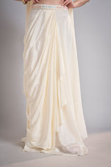 Ivory Draped Skirt with Pastel Embellished Crop Top & Flowing Drapes – Modern Wedding Reception Outfit