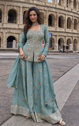 Steel Blue Gold Embroidered Palazzo Couture Ensemble