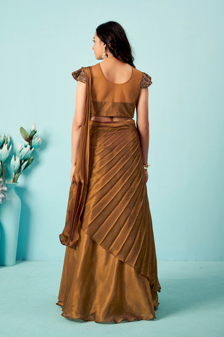 Antique Bronze Pre-Draped Saree Gown with Embellished Blouse