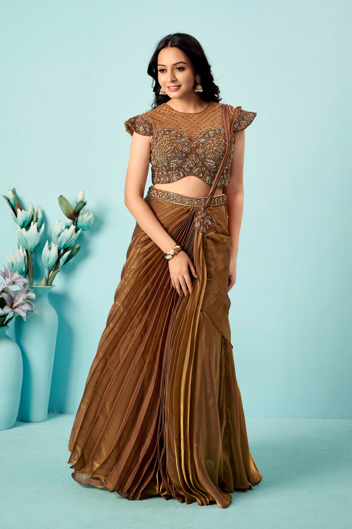 Antique Bronze Pre-Draped Saree Gown with Embellished Blouse