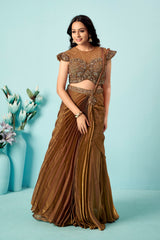 Antique Bronze Pre-Draped Saree Gown with Embellished Blouse