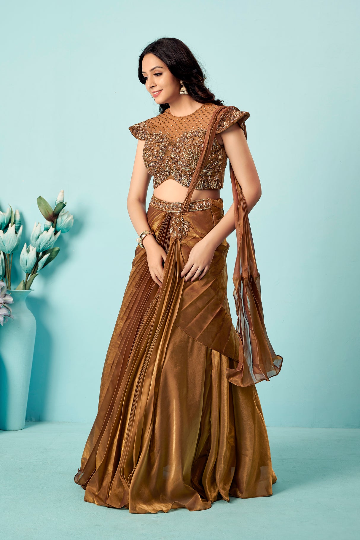 Antique Bronze Pre-Draped Saree Gown with Embellished Blouse
