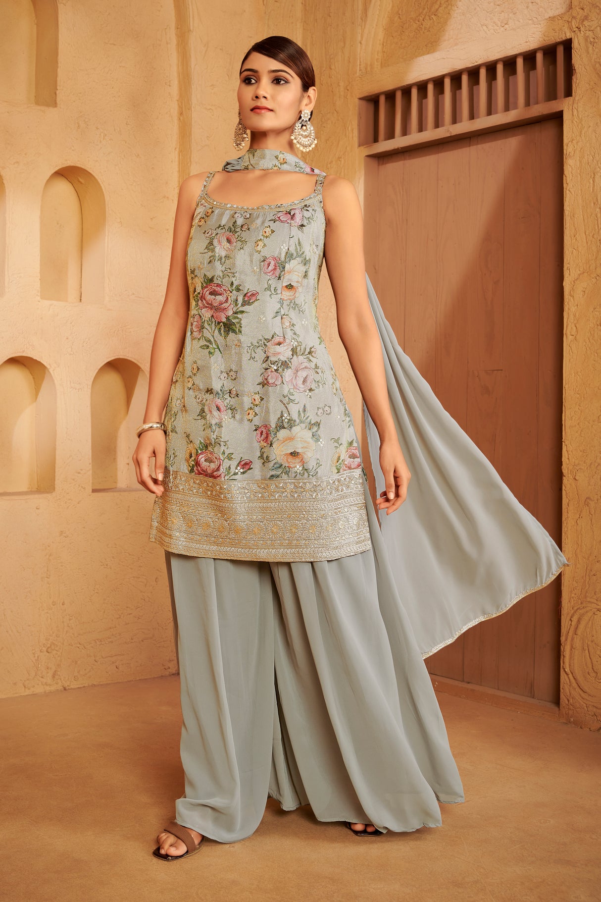 Sage Floral Embroidered Ethnic Set – Effortless Elegance with Modern Bloom Detailing